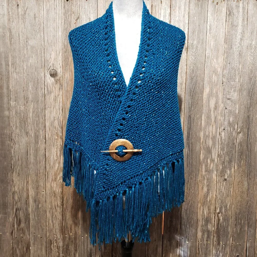 NEW Metallic Hand Knit Shawl‎ Wrap Scarf Boho Hippie Glam Artsy Indie Teal Blue